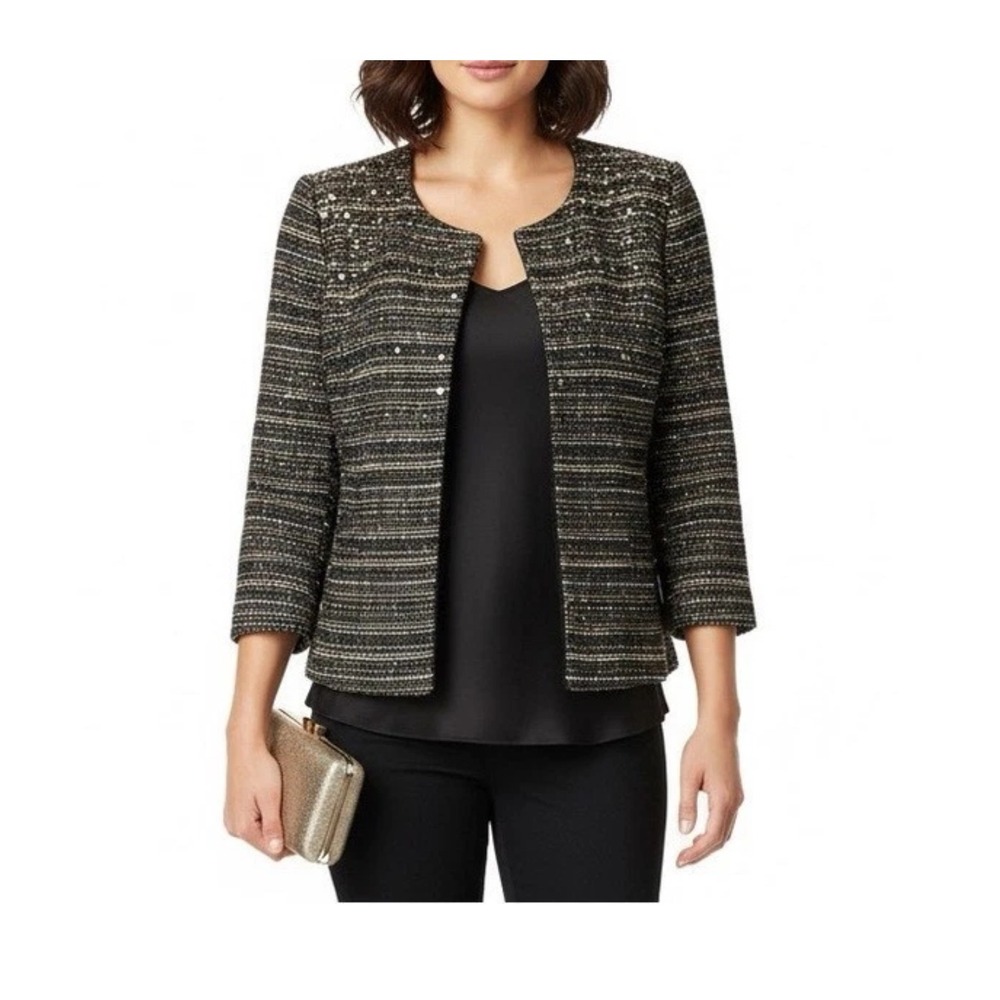 PLEIONE Embellished Tweed Cropped Jacket Women's S Sparkle Sequins Blazer - Picture 11 of 11